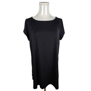 Eileen Fisher Size Large Tunic Top Black Side Vent Short Sleeve Old‎ Money